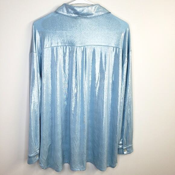 INC International Hidden Button Up High Low Blouse Shimmer Blue Size 0X - Picture 7 of 10